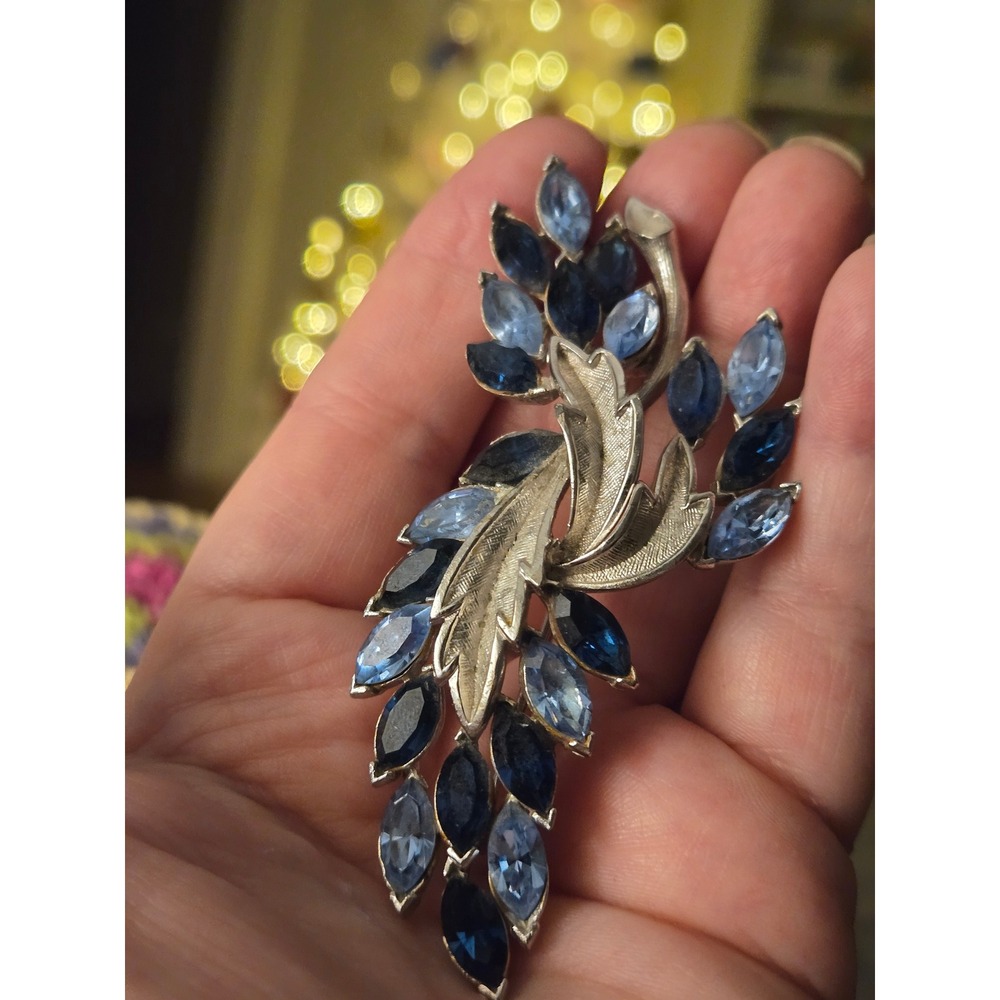 Coro Blue Rhinestone Glass Brooch Large Vintage Rare